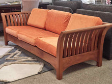 Cherry Shaker Style Slat Sided Sofa with Orange Upholstered Cushions