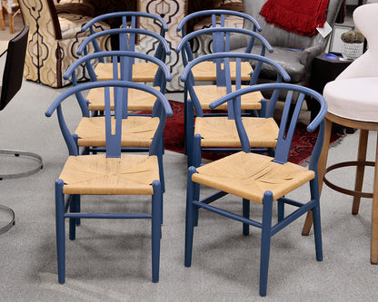 Set of 8 Blue Wishbone Dining Chairs