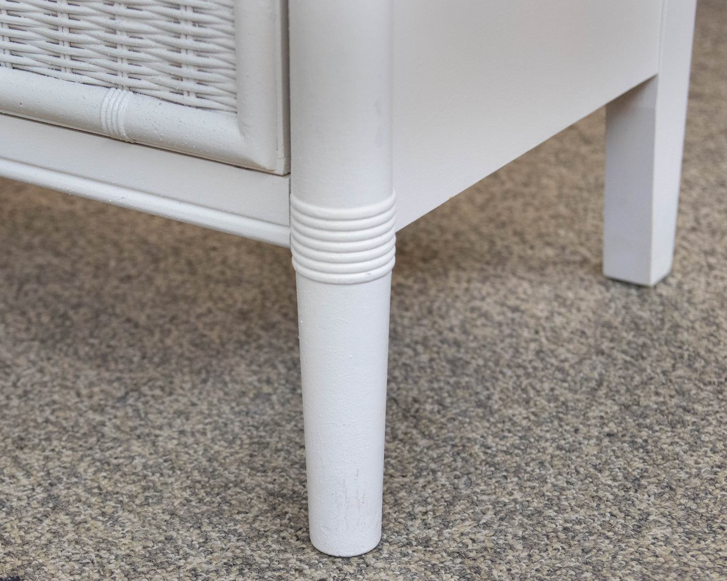 Pair Of Faux Bamboo White Nightstands Featuring 2 Drawers In Wrapped Rattan