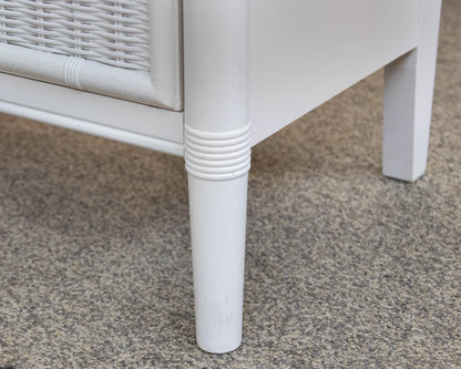Pair Of Faux Bamboo White Nightstands Featuring 2 Drawers In Wrapped Rattan
