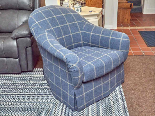 Mclaughlin Upholstering Co.  Barrel Shape Plaid Blue Wool Felt Blend Chair