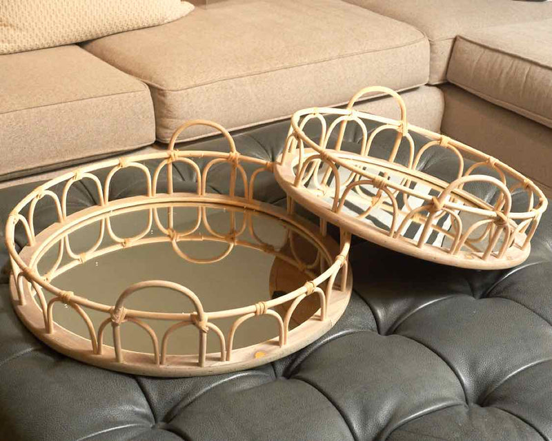 Pair Of Natural Rattan Handle Mirrored Trays