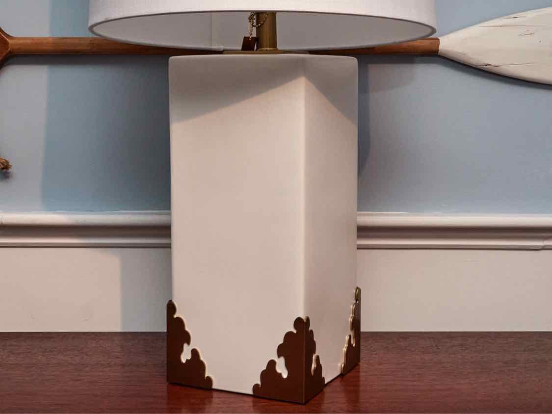 Caspian Ceramic Off White Table Lamp With Brass Accents & Shade