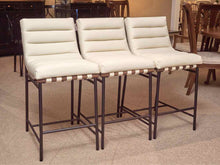 Set Of 3 Perrone  Ivory Leather Metal Frame Counter Stools