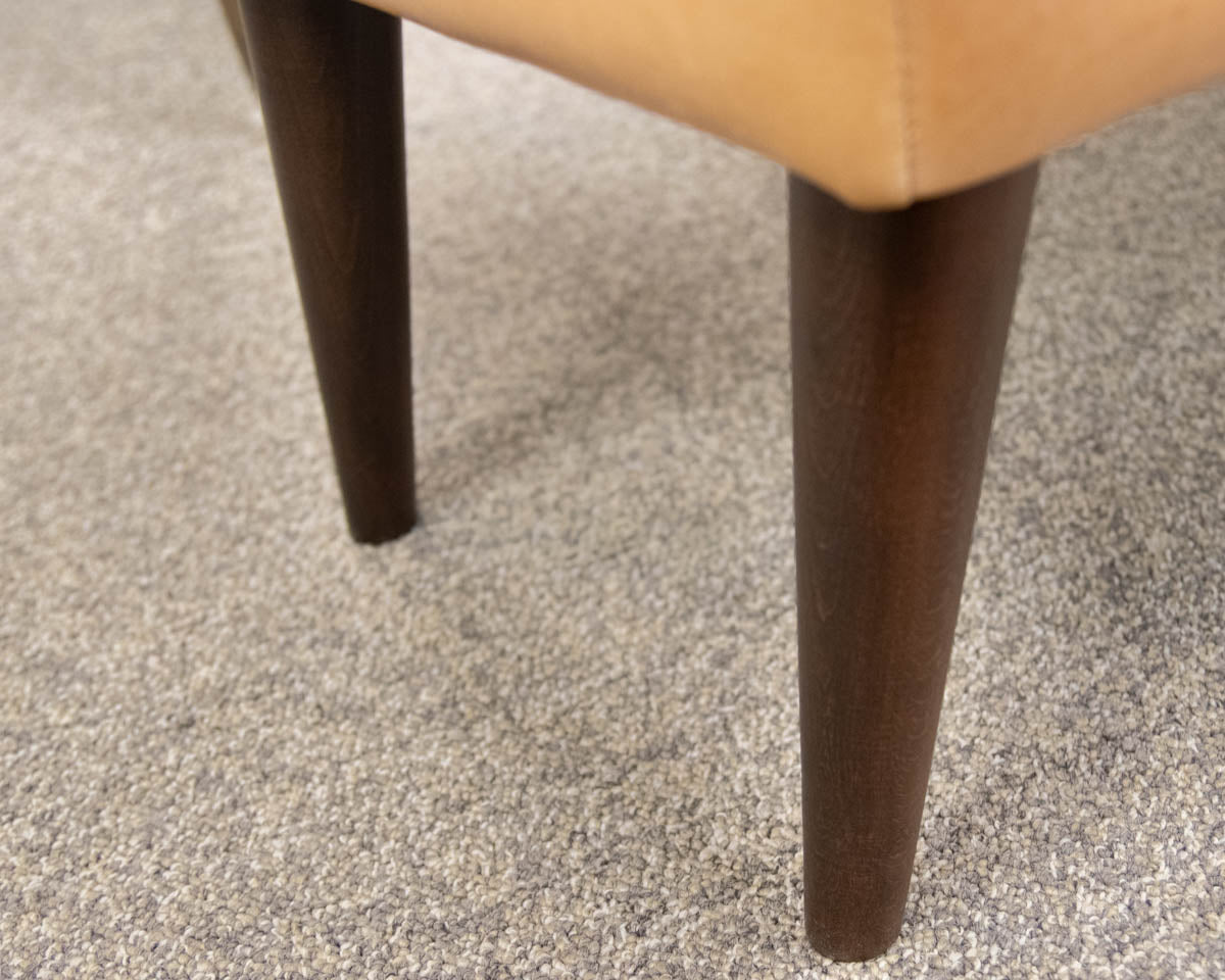 Button Tufted Bench in Chamois Color Leather on Dark Tapered Legs