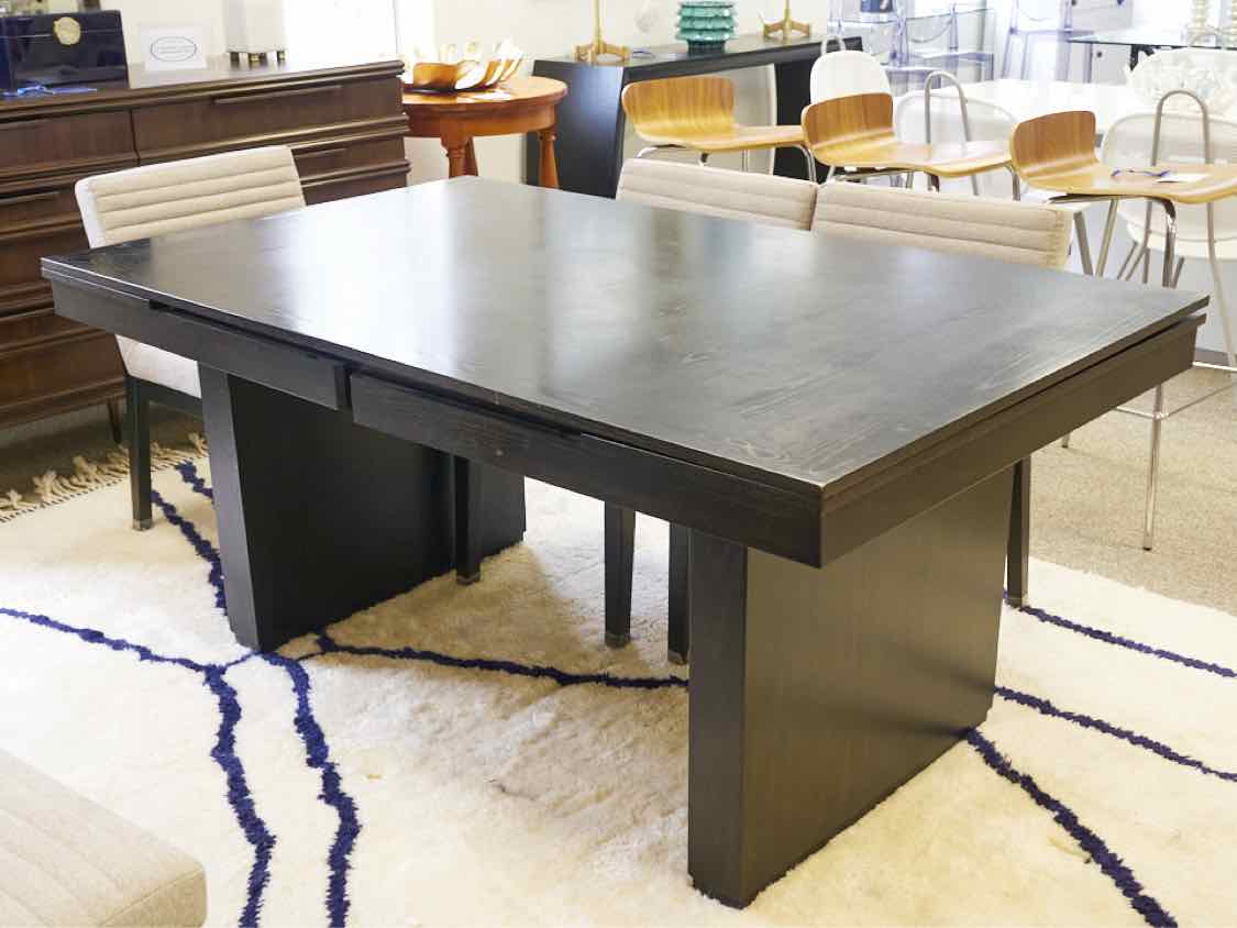 Black Finish Table & 6 Side Chair Set with Light Grey Upholstery