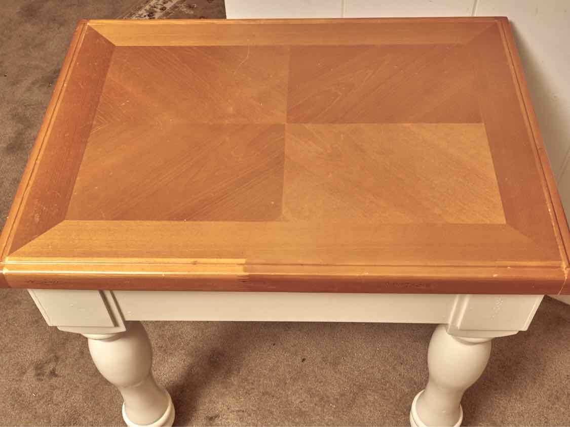 White Finish Side Table with Parquet Top with 1 Drawer