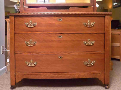 Antique Tiger Maple 3 Drawer Chest With Brass Handles & Mirror