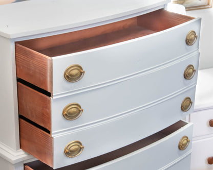 Tall Bowfront Chest-on-Chest in Light Blue Finish with Brass Pulls