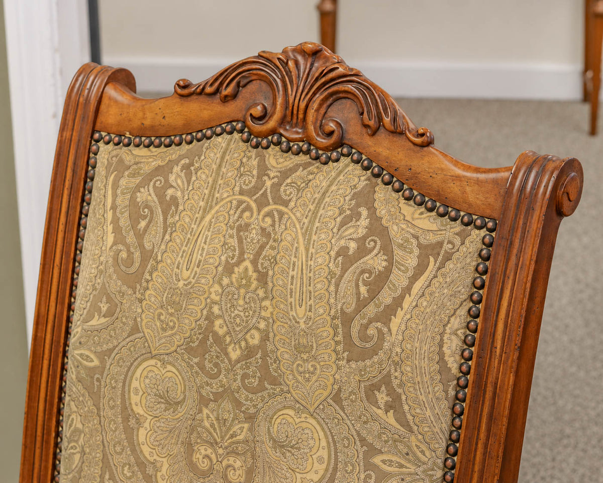 Set of 8 Carved Dining Chairs with Pale Gold Upholstery & Bronze Nailhead Trim