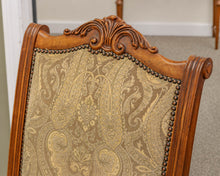 Set of 8 Carved Dining Chairs with Pale Gold Upholstery & Bronze Nailhead Trim