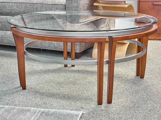 Round Cherry & Black Base Cocktail Table W/ Glass Top