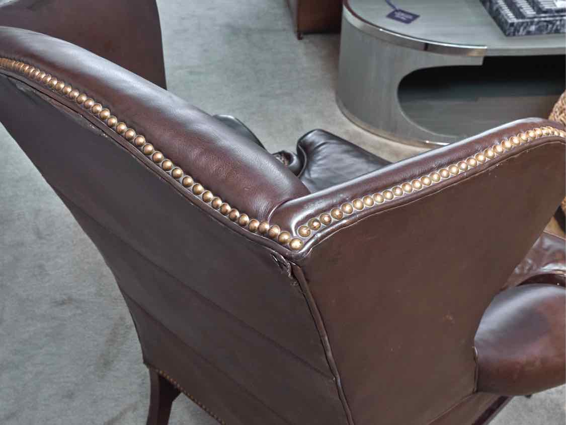 Pair Of Sam Moore 'Walnut Brown' Leather Wing Back Nailhead Trim Chairs