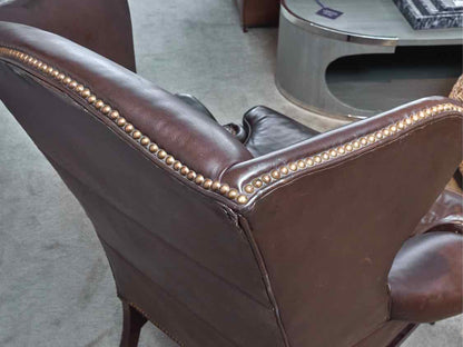 Pair Of Sam Moore 'Walnut Brown' Leather Wing Back Nailhead Trim Chairs