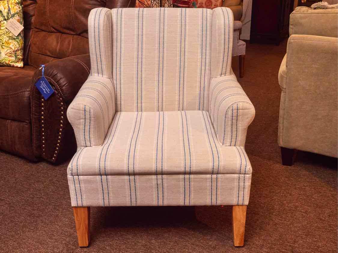 Tan, White & Blue Stripe Upholstered Accent Chair