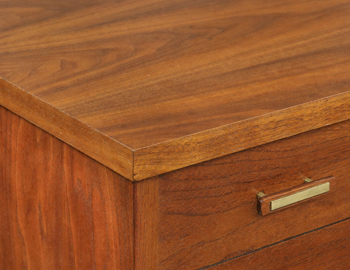 Walnut Mid Century Modern 5 Drawer Chest with Brass Accent Handles