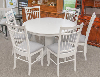 White Round Pedestal Table & Set of 6 Spindle Back Chairs
