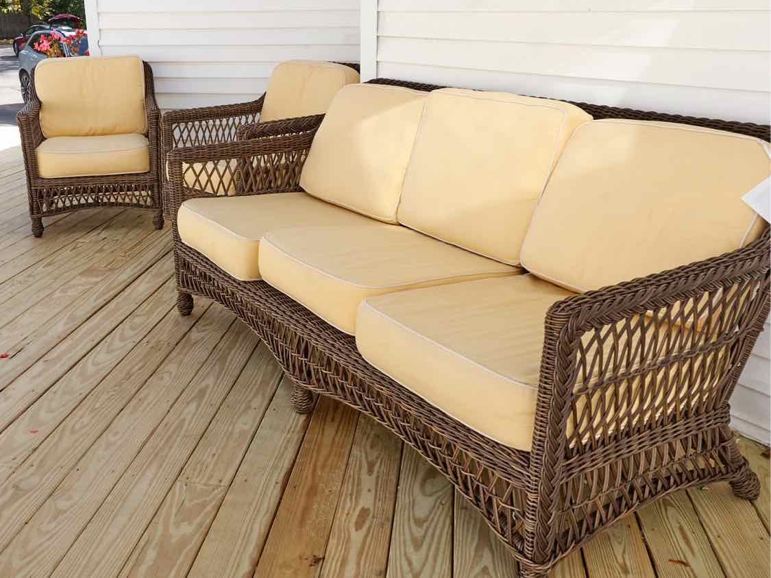 Frontgate  Synthetic  Wicker  Yellow Fabric Cushions Sofa , Chair & Swivel Chair