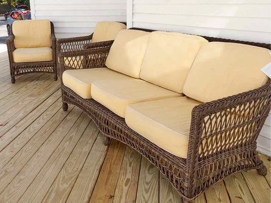 Frontgate  Synthetic  Wicker  Yellow Fabric Cushions Sofa , Chair & Swivel Chair