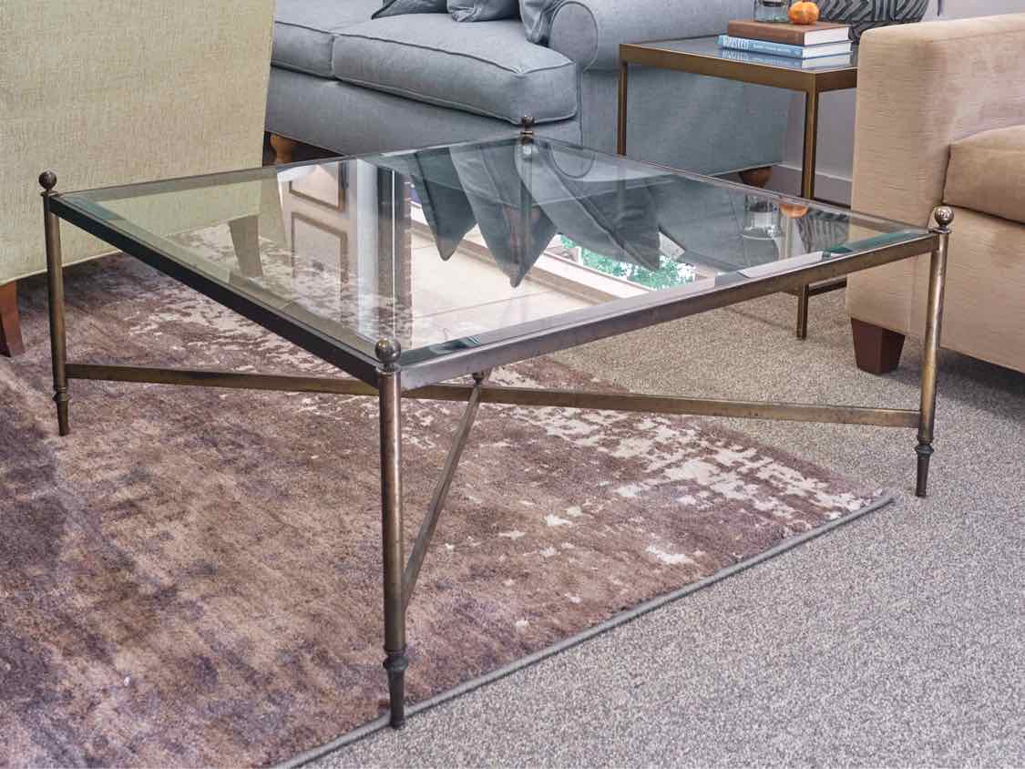 Square Cocktail Table with Glass Top on Brass Finish Metal Frame