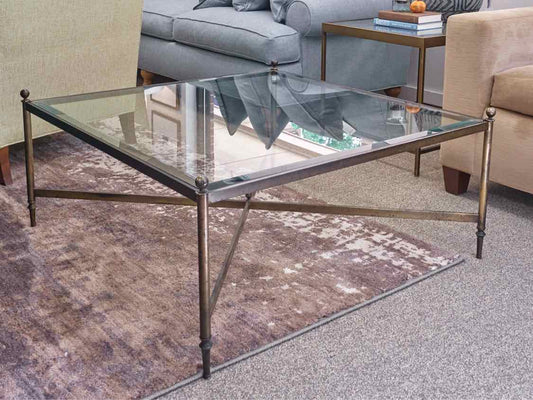 Square Cocktail Table with Glass Top on Brass Finish Metal Frame