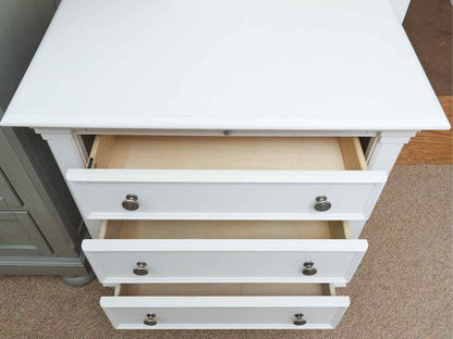 White Finish 3 Drawer Nightstand with Pull-Out Shelf