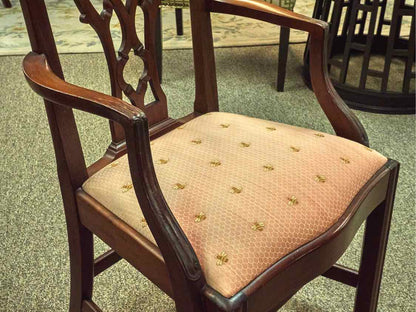 Set of 6 Chippendale Dining Chairs in Cherry with Pale Coral Bee Fabric Seats