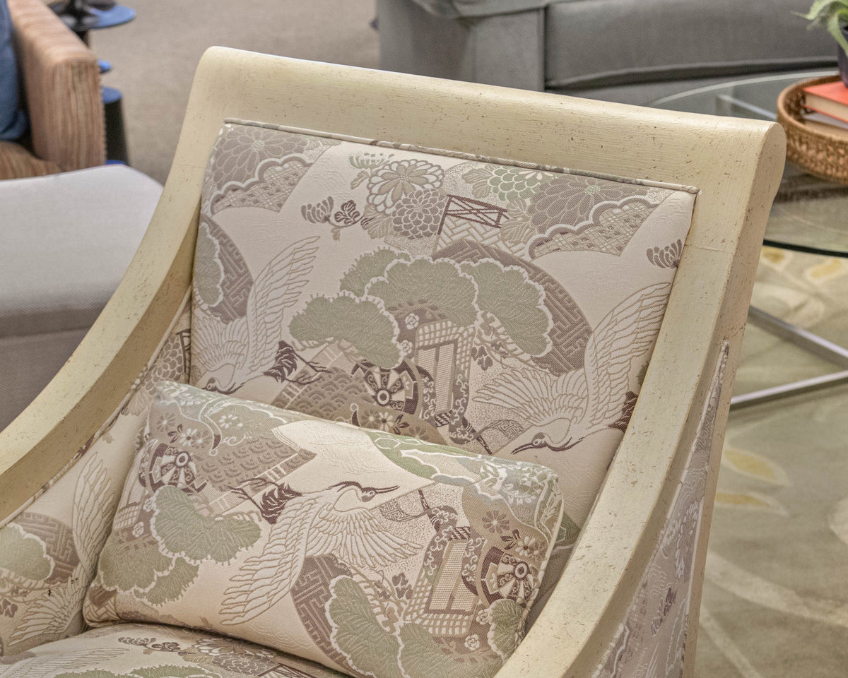 Baker Arm Chair & Ottoman Set Wood Framed with Green Brown and Cream Upholstery
