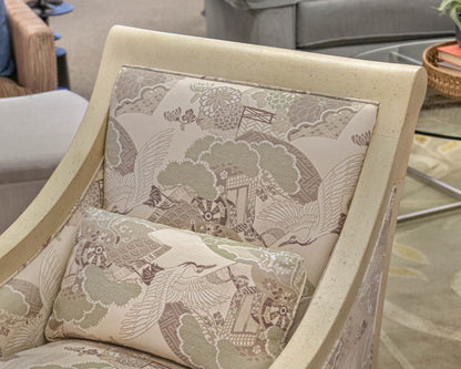 Baker Arm Chair & Ottoman Set Wood Framed with Green Brown and Cream Upholstery