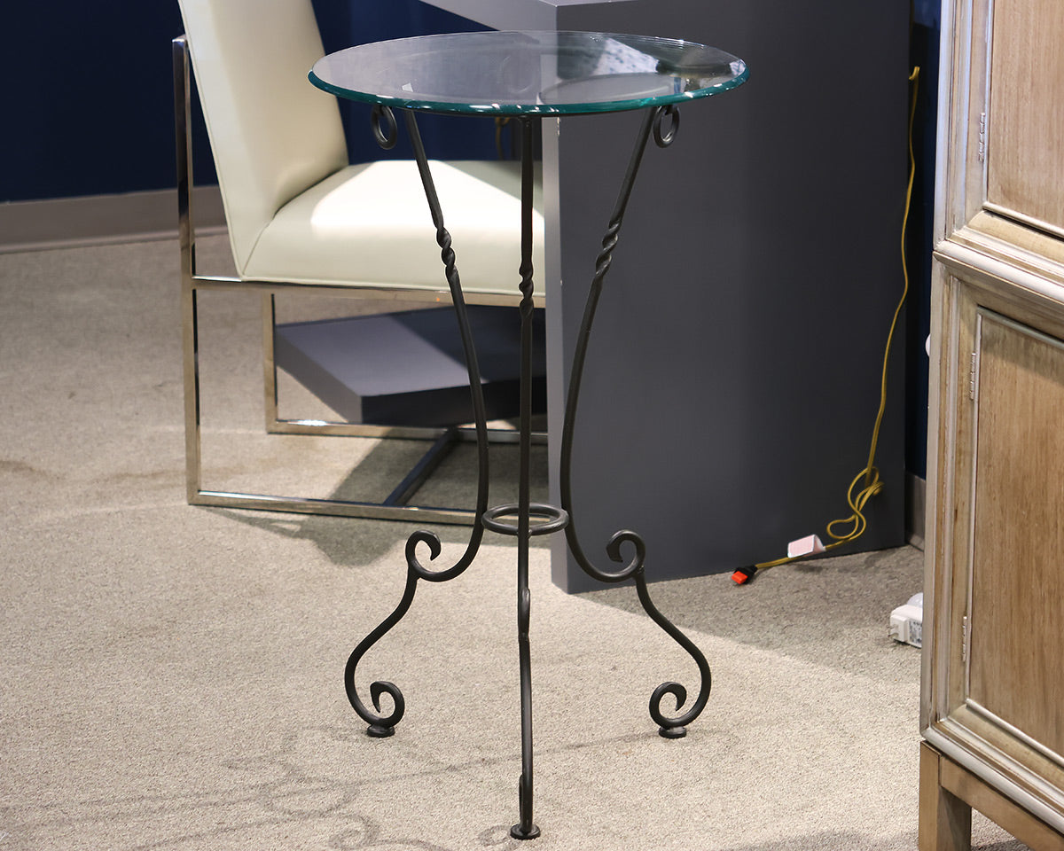 Round Glass Top Accent Table on Wrought Iron Base