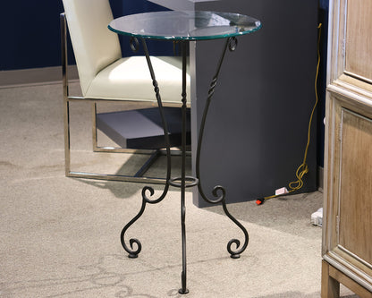 Round Glass Top Accent Table on Wrought Iron Base