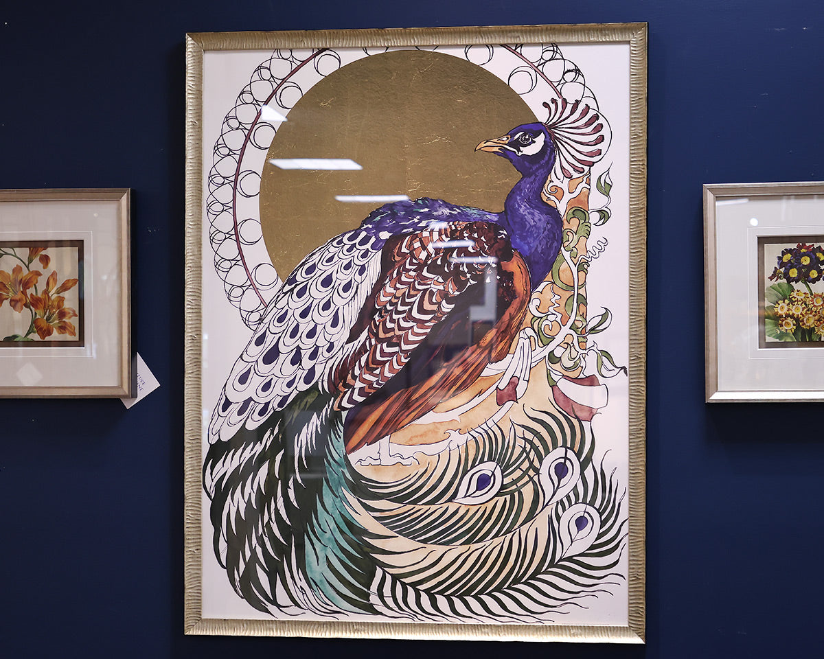 Peacock Print Under Glass in Champagne Frame