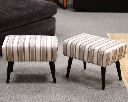 Pair of Striped Stools in Cream, Taupe & Black on Black Legs