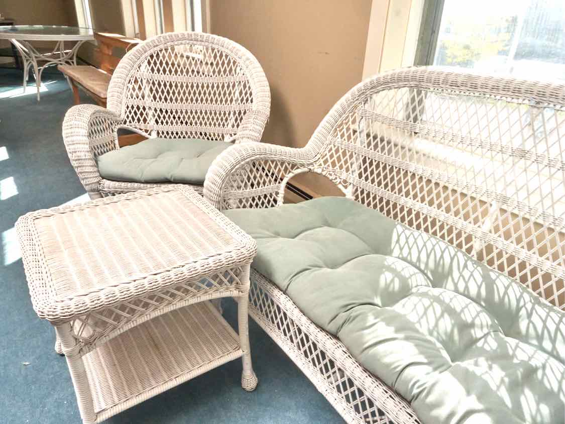 Pier1   Indoor White Wicker  Loveseat,Rocker, Side Chair, 2 Side Tables Set