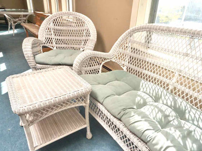 Pier1   Indoor White Wicker  Loveseat,Rocker, Side Chair, 2 Side Tables Set
