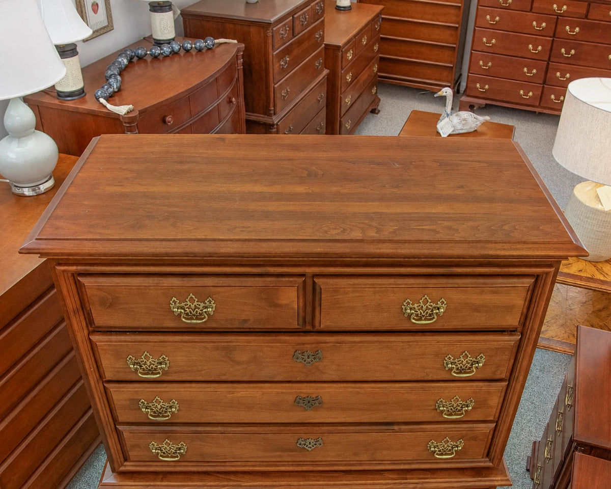 Cherry Wood Six Drawer Chest On Chest In Chestnut Finish W/ Brass Bail Pulls