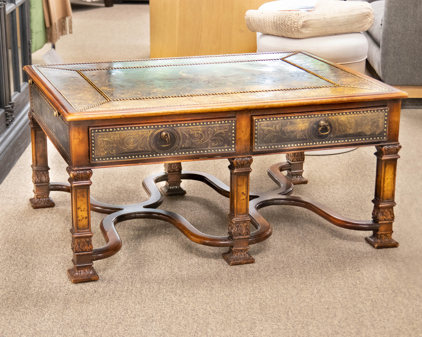 Regency Cocktail Table with Embossed Brass Panels and Side Pullouts