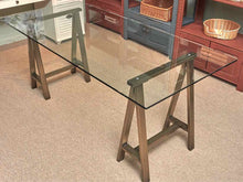 West Elm Glass Top Bronzed Metal Sawhorse Legs  Desk
