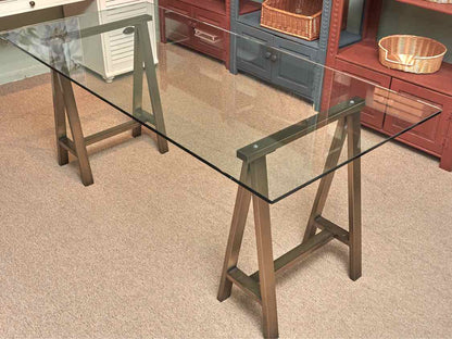 West Elm Glass Top Bronzed Metal Sawhorse Legs  Desk