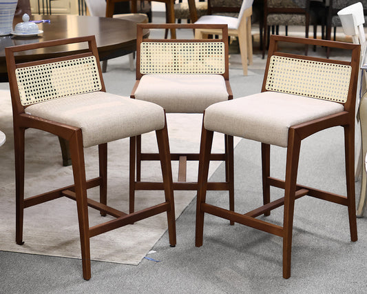 Set of 3 uultis SOTTO Counter Height Stools in Walnut, Beige Fabric & Cane