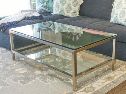 Silver Rectangular Cocktail Table with Glass Top & Shelf