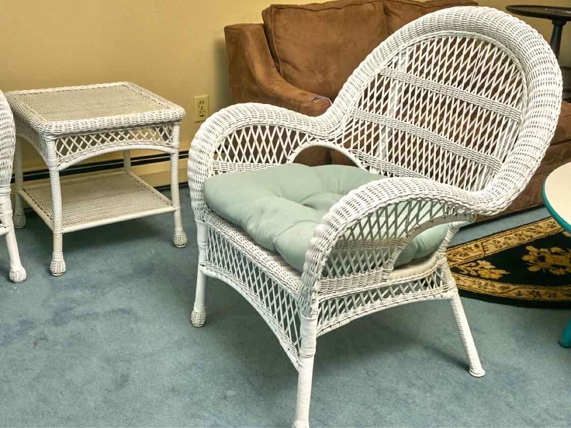 Pier1   Indoor White Wicker  Loveseat,Rocker, Side Chair, 2 Side Tables Set
