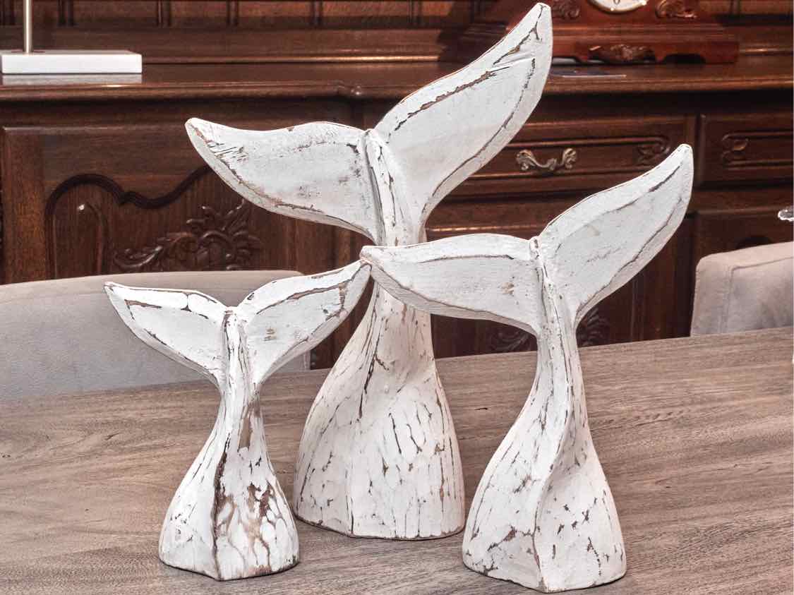Set Of 3 Wooden White Washed Whale Tails Decor