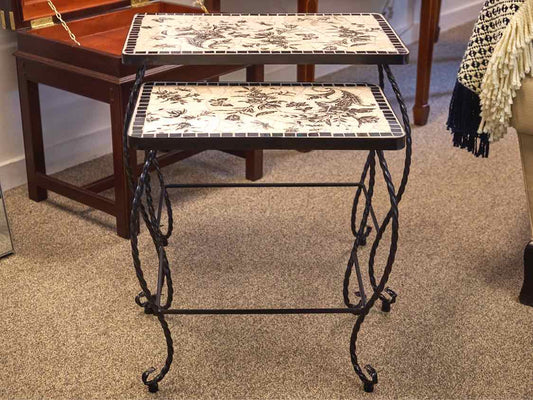 Black & Cream Floral   Faux Wrought Iron Nesting  Side Tables