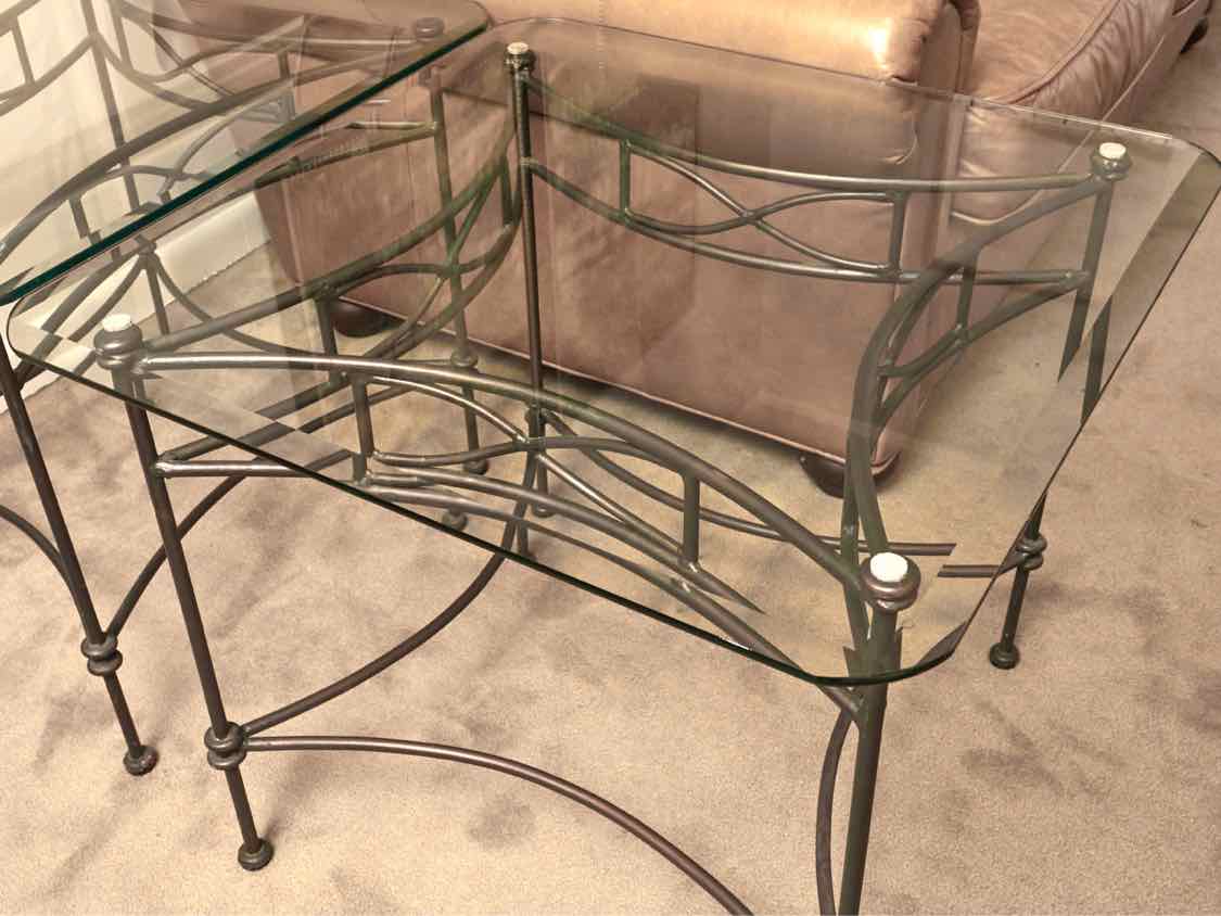 Set Of Glass Top Black Metal Base Cocktail Table & Pair Of Side Tables