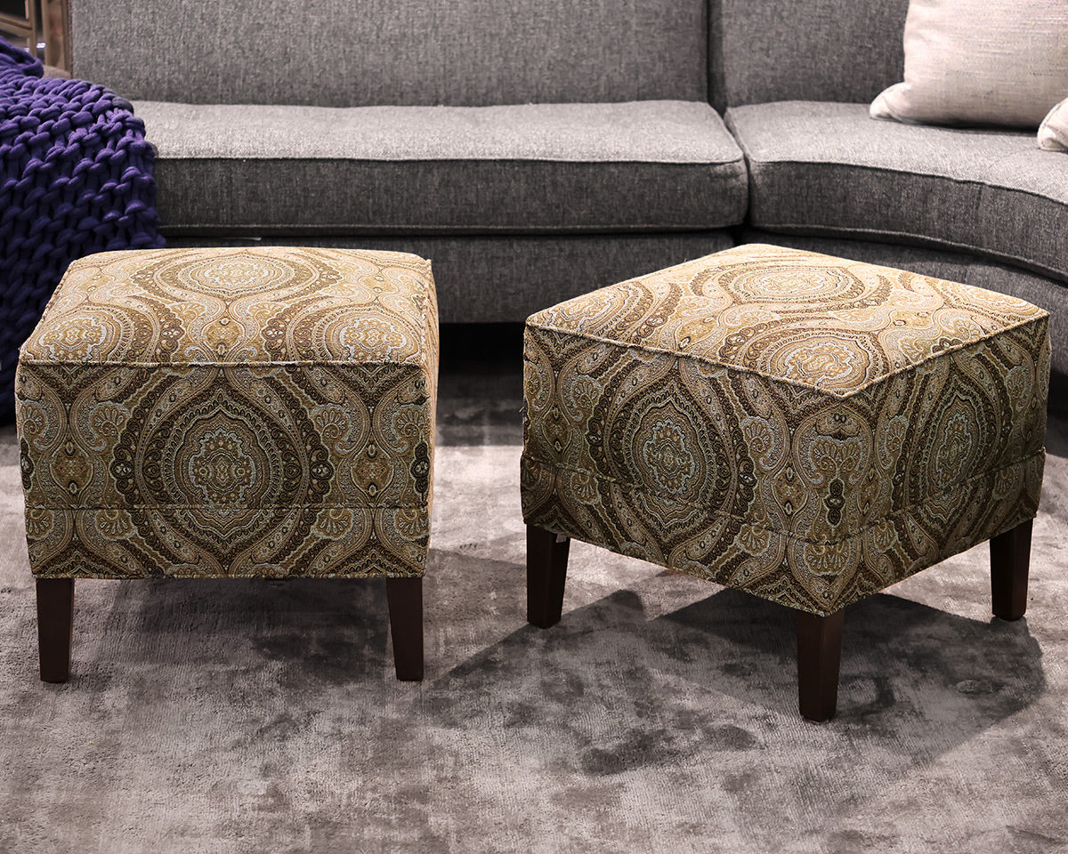 Pair of Ethan Allen Paisley Ottomans in Black, Grey & Gold