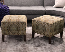 Pair of Ethan Allen Paisley Ottomans in Black, Grey & Gold