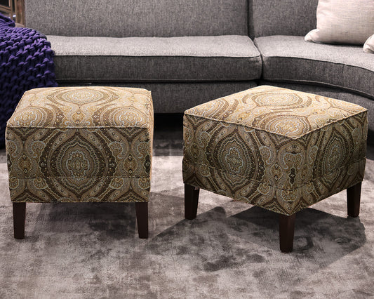 Pair of Ethan Allen Paisley Ottomans in Black, Grey & Gold