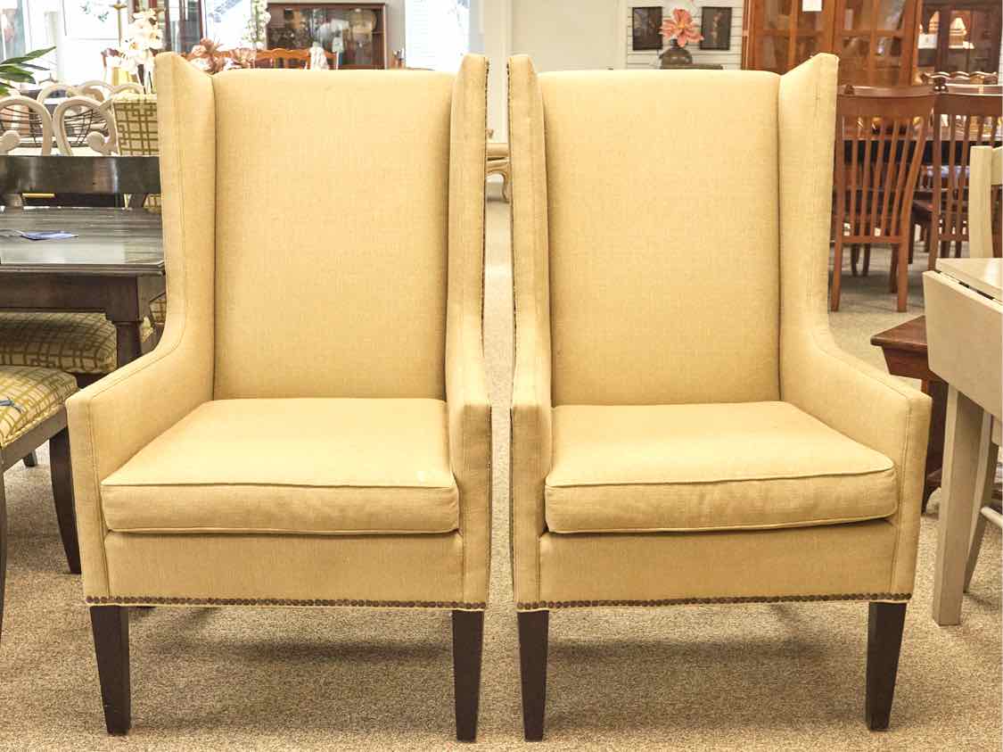 Pair of Lee Industries Host Dining Chairs in Wheat Woven with Bronze Nailheads