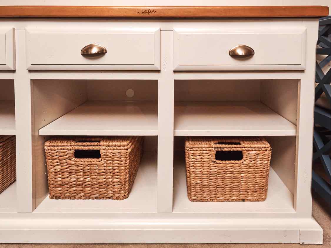 White Media Furniturewith Maple Top with 3 Drawers & 3 Cubbies